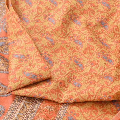 Sanskriti Vintage Sarees Orange Indian Pure Silk Printed Sari 5yd Craft Sustainable Fabric