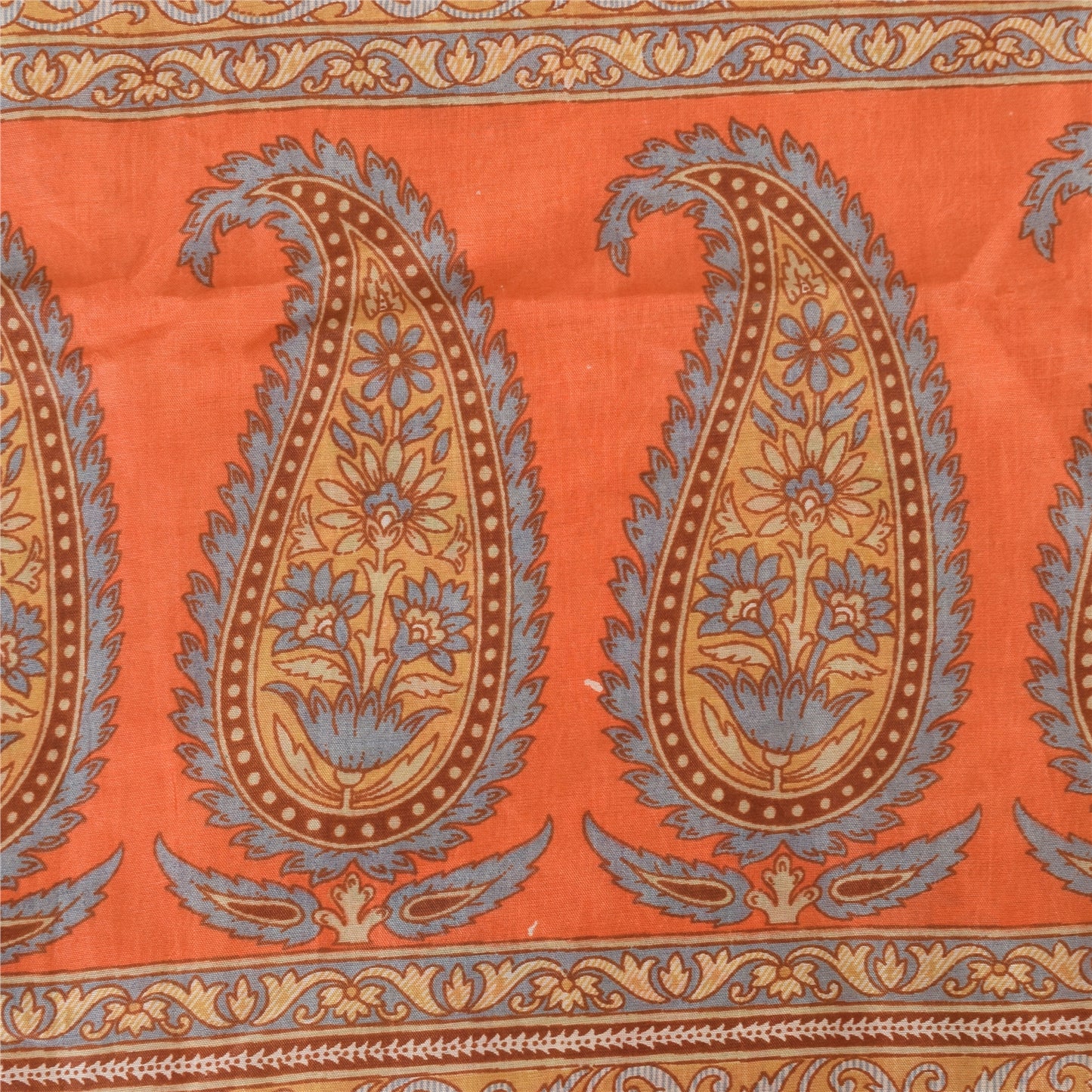 Sanskriti Vintage Sarees Orange Indian Pure Silk Printed Sari 5yd Craft Sustainable Fabric