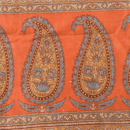 Sanskriti Vintage Sarees Orange Indian Pure Silk Printed Sari 5yd Craft Sustainable Fabric