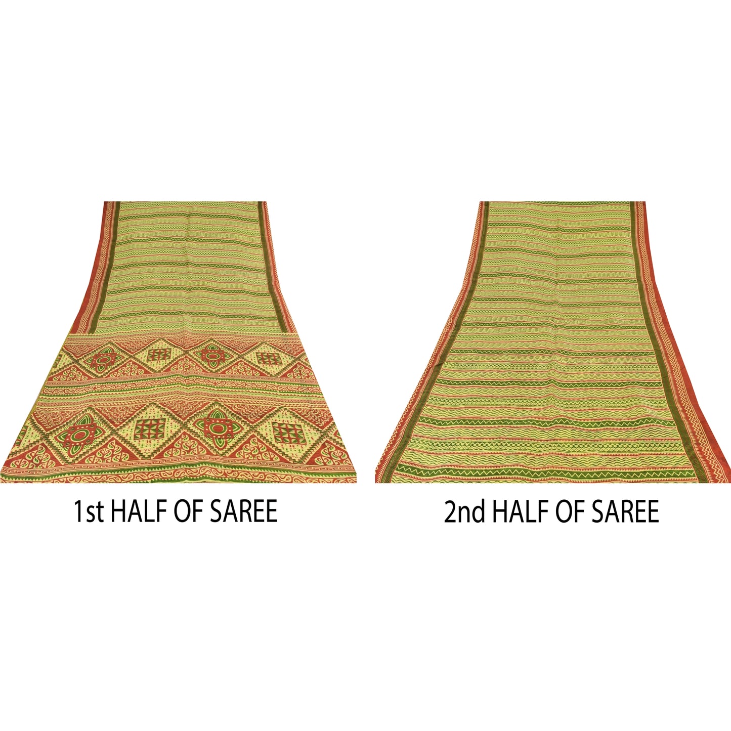 Sanskriti Vintage Sarees Green/Red 100% Pure Silk Printed Sari 5yd Craft Sustainable Fabric
