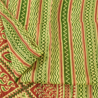 Sanskriti Vintage Sarees Green/Red 100% Pure Silk Printed Sari 5yd Craft Sustainable Fabric