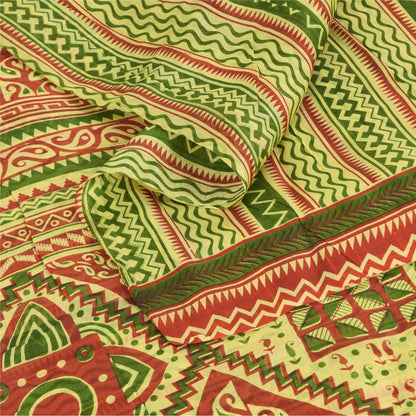 Sanskriti Vintage Sarees Green/Red 100% Pure Silk Printed Sari 5yd Craft Sustainable Fabric