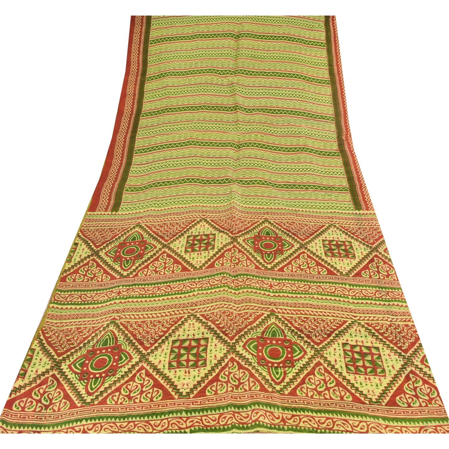 Sanskriti Vintage Sarees Green/Red 100% Pure Silk Printed Sari 5yd Craft Sustainable Fabric