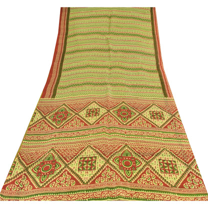 Sanskriti Vintage Sarees Green/Red 100% Pure Silk Printed Sari 5yd Craft Sustainable Fabric