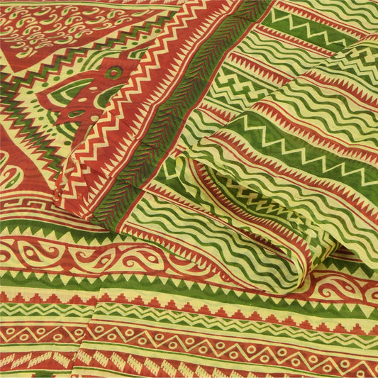 Sanskriti Vintage Sarees Green/Red 100% Pure Silk Printed Sari 5yd Craft Sustainable Fabric