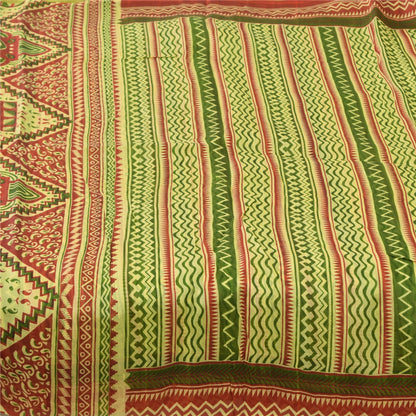 Sanskriti Vintage Sarees Green/Red 100% Pure Silk Printed Sari 5yd Craft Sustainable Fabric