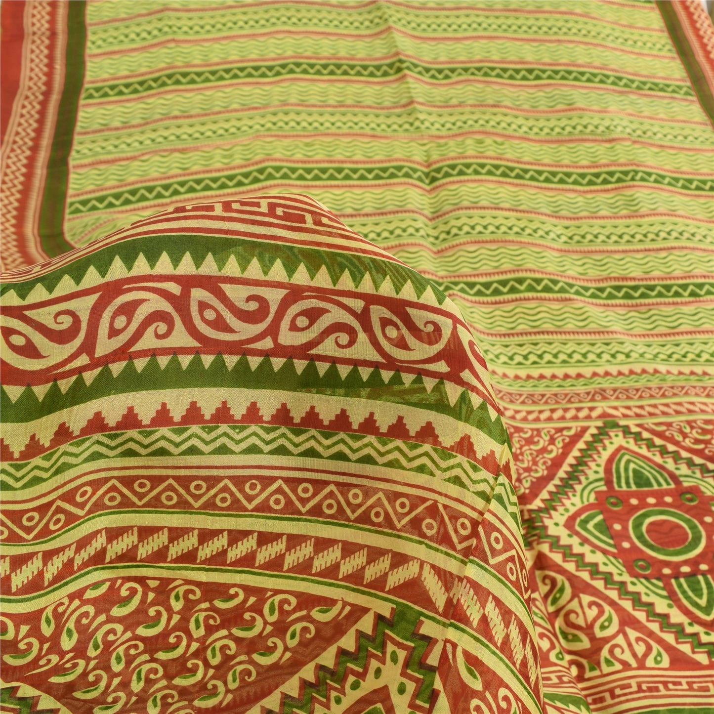 Sanskriti Vintage Sarees Green/Red 100% Pure Silk Printed Sari 5yd Craft Sustainable Fabric