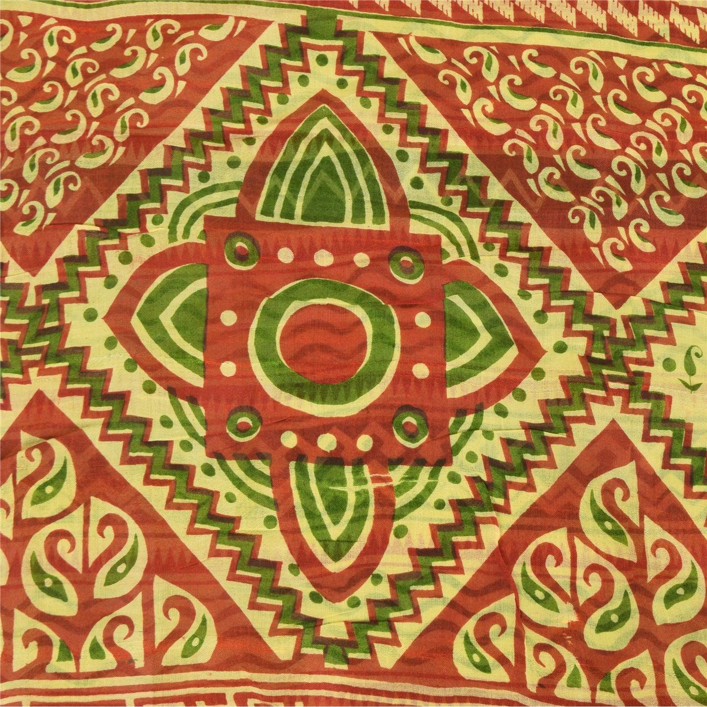 Sanskriti Vintage Sarees Green/Red 100% Pure Silk Printed Sari 5yd Craft Sustainable Fabric