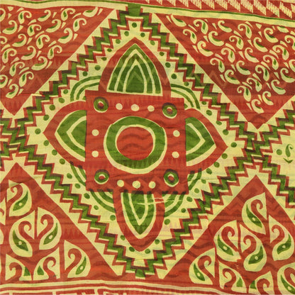 Sanskriti Vintage Sarees Green/Red 100% Pure Silk Printed Sari 5yd Craft Sustainable Fabric
