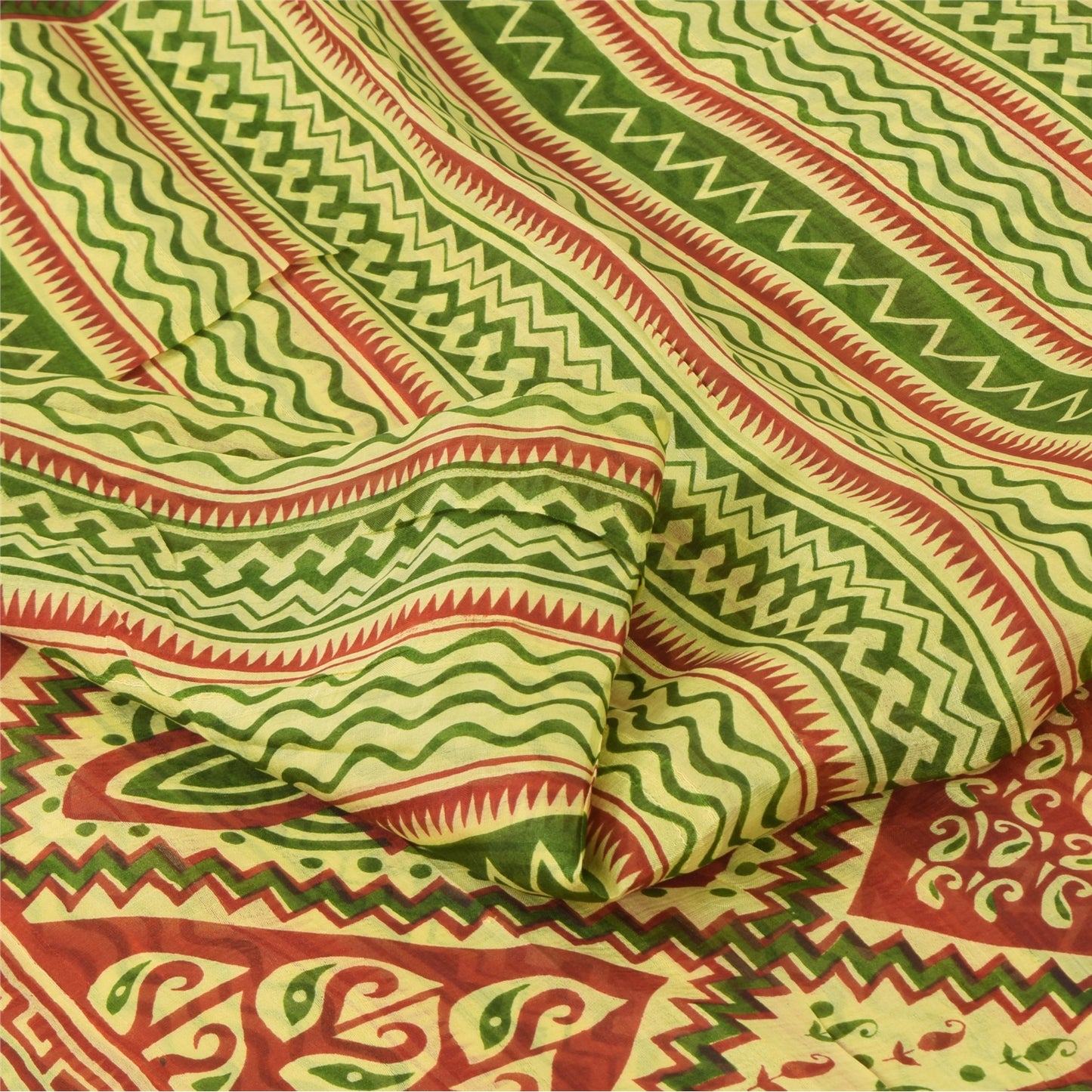 Sanskriti Vintage Sarees Green/Red 100% Pure Silk Printed Sari 5yd Craft Sustainable Fabric