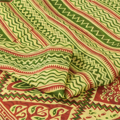 Sanskriti Vintage Sarees Green/Red 100% Pure Silk Printed Sari 5yd Craft Sustainable Fabric
