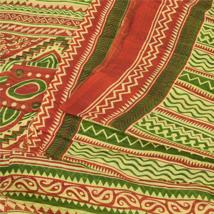 Sanskriti Vintage Sarees Green/Red 100% Pure Silk Printed Sari 5yd Craft Sustainable Fabric