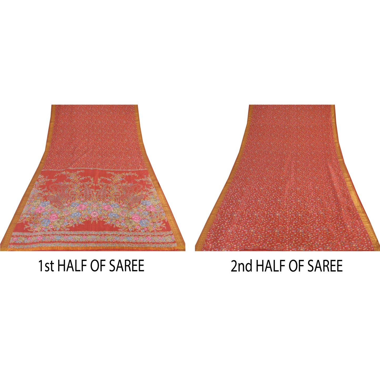 Sanskriti Vintage Sarees Red Zari Border Pure Silk Printed Sari 6yd Craft Sustainable Fabric