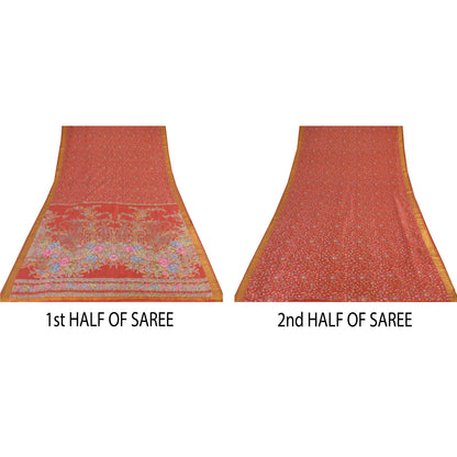 Sanskriti Vintage Sarees Red Zari Border Pure Silk Printed Sari 6yd Craft Sustainable Fabric