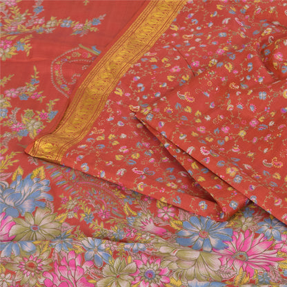 Sanskriti Vintage Sarees Red Zari Border Pure Silk Printed Sari 6yd Craft Sustainable Fabric