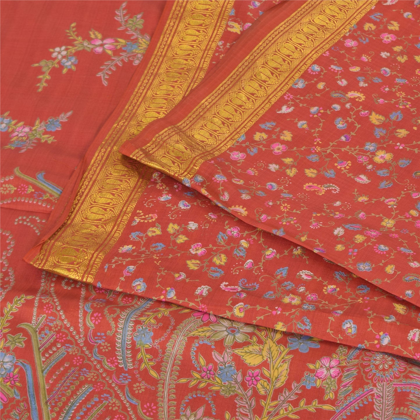 Sanskriti Vintage Sarees Red Zari Border Pure Silk Printed Sari 6yd Craft Sustainable Fabric