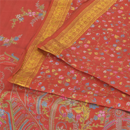 Sanskriti Vintage Sarees Red Zari Border Pure Silk Printed Sari 6yd Craft Sustainable Fabric
