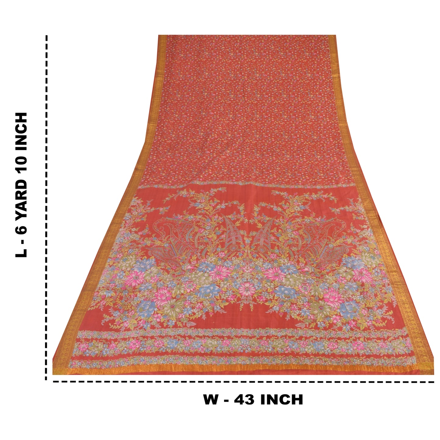Sanskriti Vintage Sarees Red Zari Border Pure Silk Printed Sari 6yd Craft Sustainable Fabric