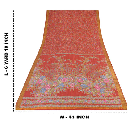 Sanskriti Vintage Sarees Red Zari Border Pure Silk Printed Sari 6yd Craft Sustainable Fabric