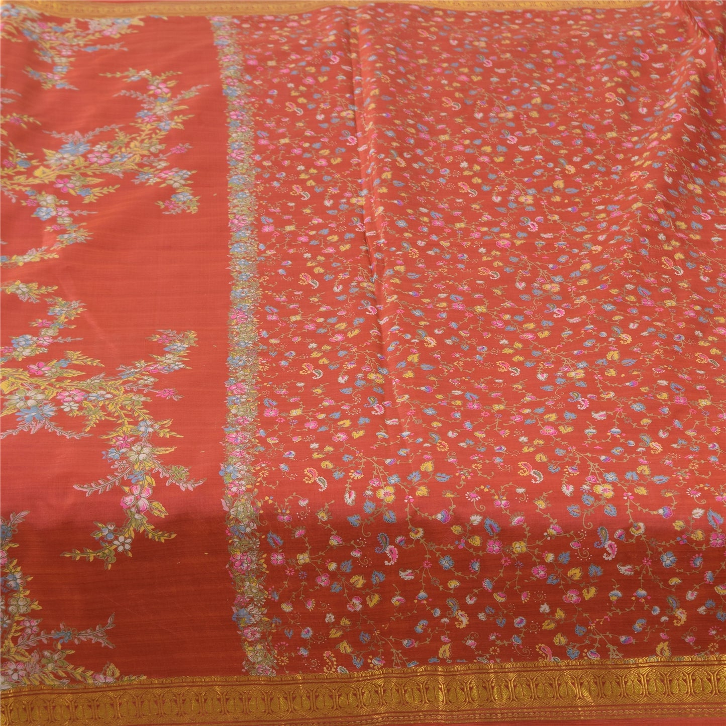 Sanskriti Vintage Sarees Red Zari Border Pure Silk Printed Sari 6yd Craft Sustainable Fabric