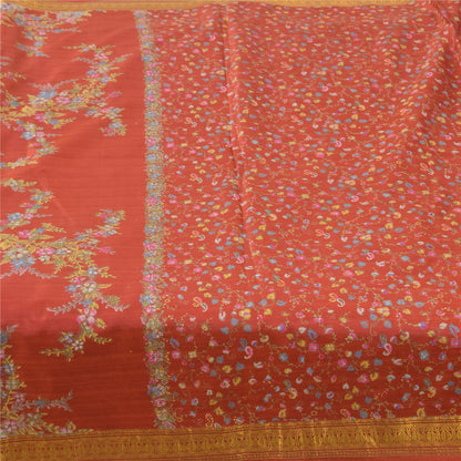 Sanskriti Vintage Sarees Red Zari Border Pure Silk Printed Sari 6yd Craft Sustainable Fabric