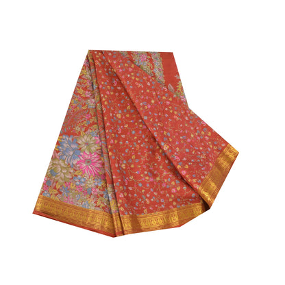 Sanskriti Vintage Sarees Red Zari Border Pure Silk Printed Sari 6yd Craft Sustainable Fabric
