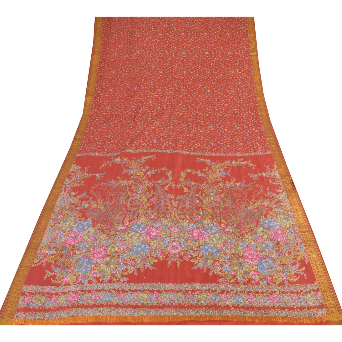 Sanskriti Vintage Sarees Red Zari Border Pure Silk Printed Sari 6yd Craft Sustainable Fabric