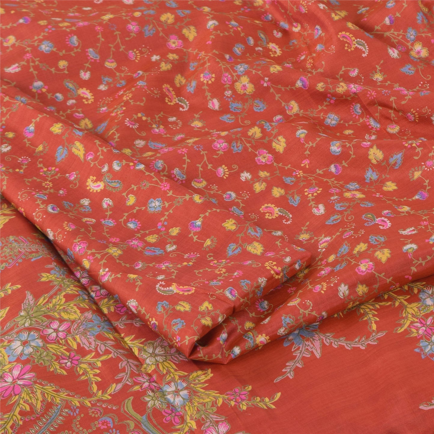 Sanskriti Vintage Sarees Red Zari Border Pure Silk Printed Sari 6yd Craft Sustainable Fabric