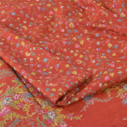 Sanskriti Vintage Sarees Red Zari Border Pure Silk Printed Sari 6yd Craft Sustainable Fabric