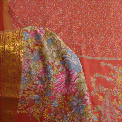 Sanskriti Vintage Sarees Red Zari Border Pure Silk Printed Sari 6yd Craft Sustainable Fabric