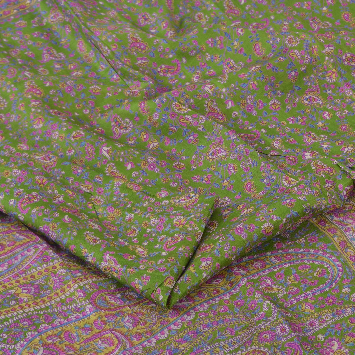 Sanskriti Vintage Sarees Green/Purple Pure Silk Printed Sari 5yd Craft Sustainable Fabric