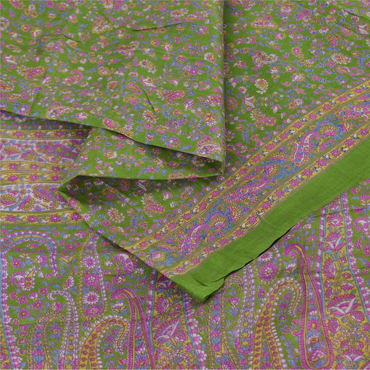 Sanskriti Vintage Sarees Green/Purple Pure Silk Printed Sari 5yd Craft Sustainable Fabric