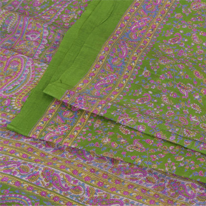 Sanskriti Vintage Sarees Green/Purple Pure Silk Printed Sari 5yd Craft Sustainable Fabric