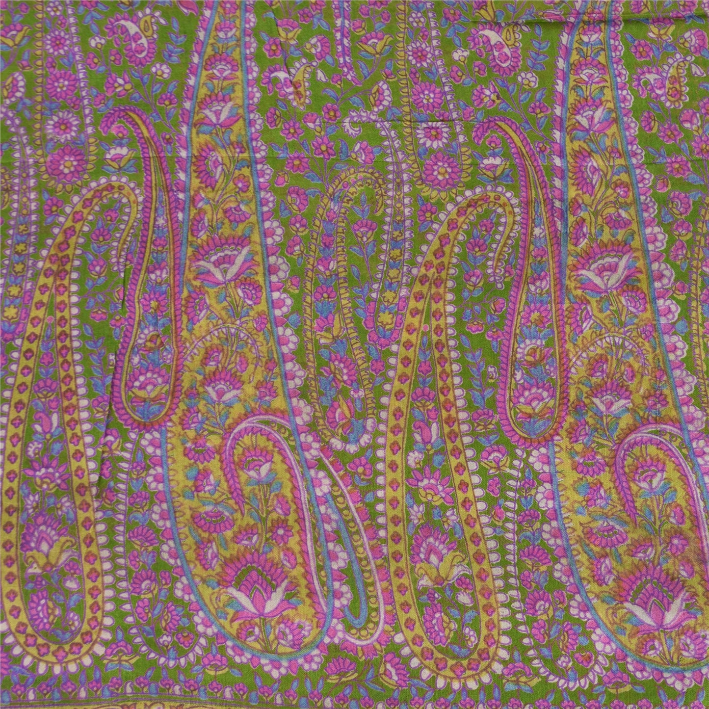 Sanskriti Vintage Sarees Green/Purple Pure Silk Printed Sari 5yd Craft Sustainable Fabric