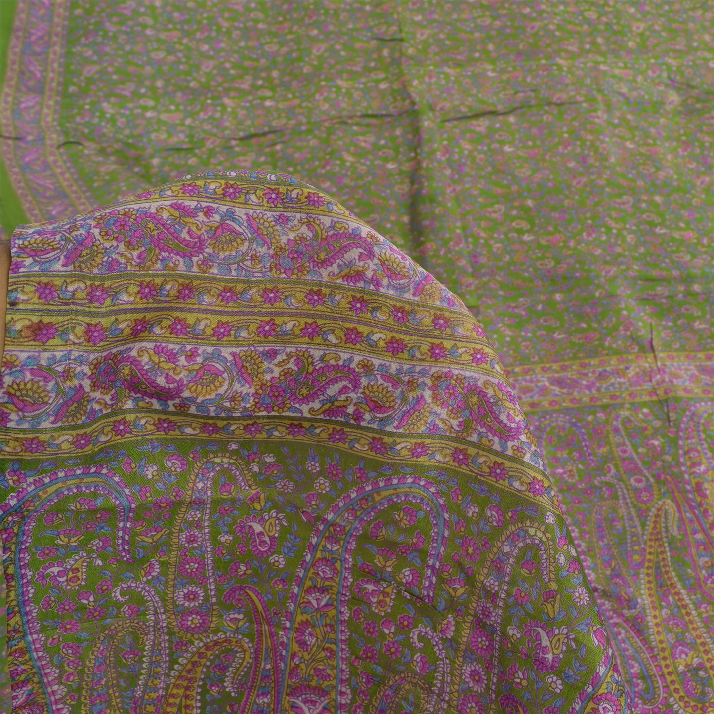 Sanskriti Vintage Sarees Green/Purple Pure Silk Printed Sari 5yd Craft Sustainable Fabric