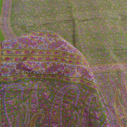 Sanskriti Vintage Sarees Green/Purple Pure Silk Printed Sari 5yd Craft Sustainable Fabric