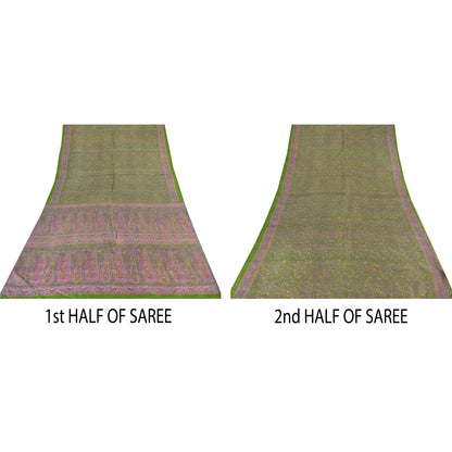 Sanskriti Vintage Sarees Green/Purple Pure Silk Printed Sari 5yd Craft Sustainable Fabric