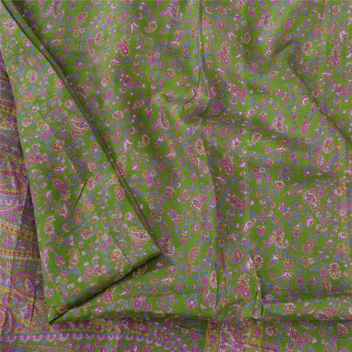 Sanskriti Vintage Sarees Green/Purple Pure Silk Printed Sari 5yd Craft Sustainable Fabric