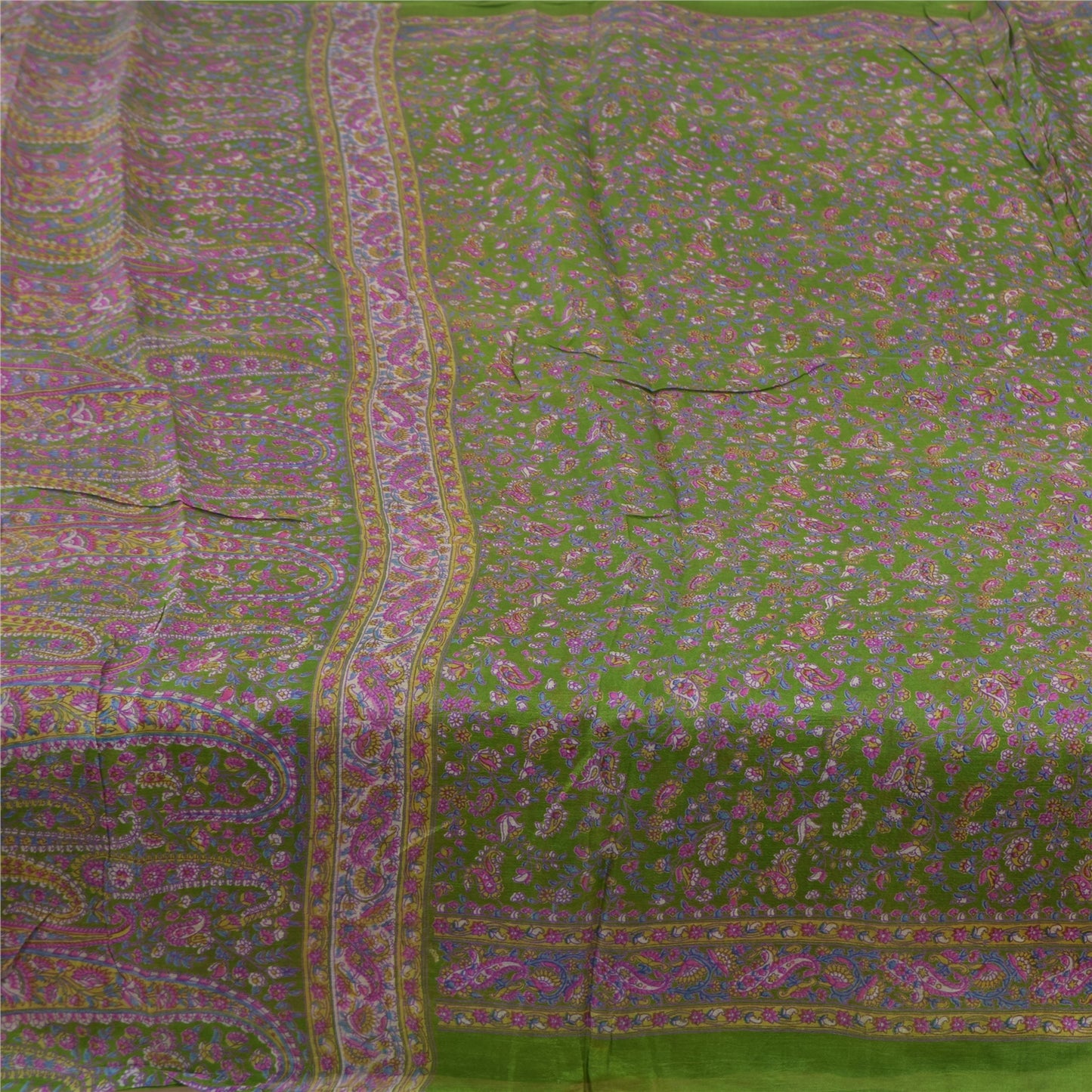 Sanskriti Vintage Sarees Green/Purple Pure Silk Printed Sari 5yd Craft Sustainable Fabric