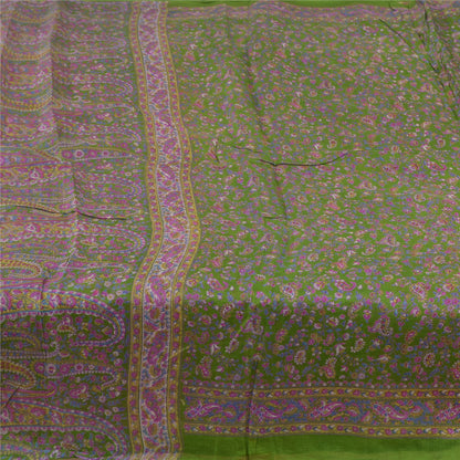 Sanskriti Vintage Sarees Green/Purple Pure Silk Printed Sari 5yd Craft Sustainable Fabric