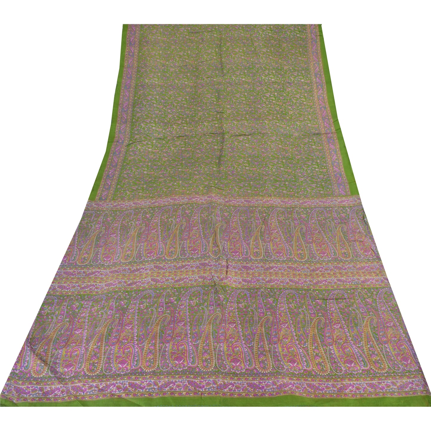 Sanskriti Vintage Sarees Green/Purple Pure Silk Printed Sari 5yd Craft Sustainable Fabric