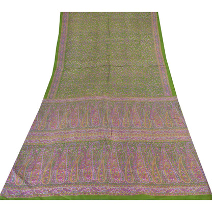 Sanskriti Vintage Sarees Green/Purple Pure Silk Printed Sari 5yd Craft Sustainable Fabric