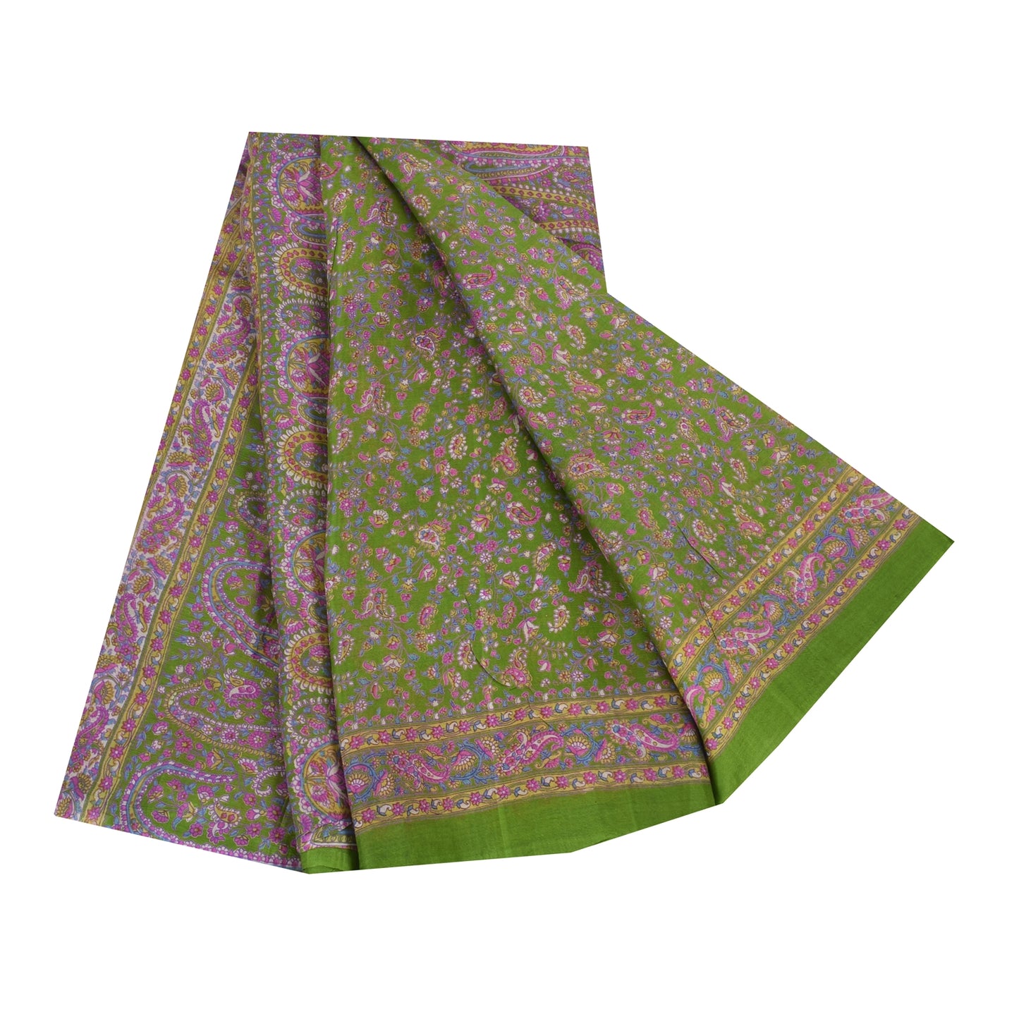 Sanskriti Vintage Sarees Green/Purple Pure Silk Printed Sari 5yd Craft Sustainable Fabric