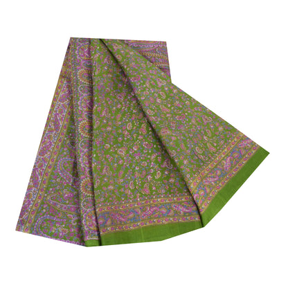 Sanskriti Vintage Sarees Green/Purple Pure Silk Printed Sari 5yd Craft Sustainable Fabric