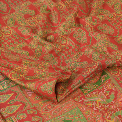 Sanskriti Vintage Sarees Red/Green 100% Pure Silk Printed Sari 6yd Craft Sustainable Fabric
