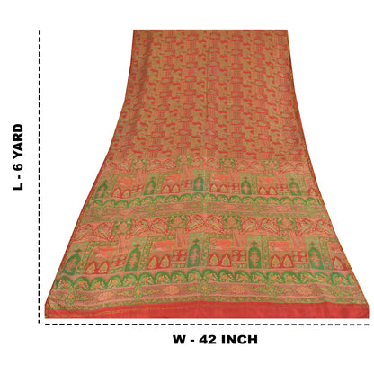 Sanskriti Vintage Sarees Red/Green 100% Pure Silk Printed Sari 6yd Craft Sustainable Fabric