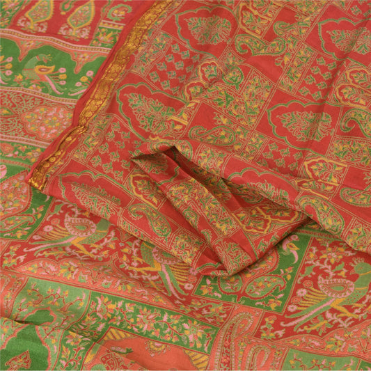 Sanskriti Vintage Sarees Red/Green 100% Pure Silk Printed Sari 6yd Craft Sustainable Fabric