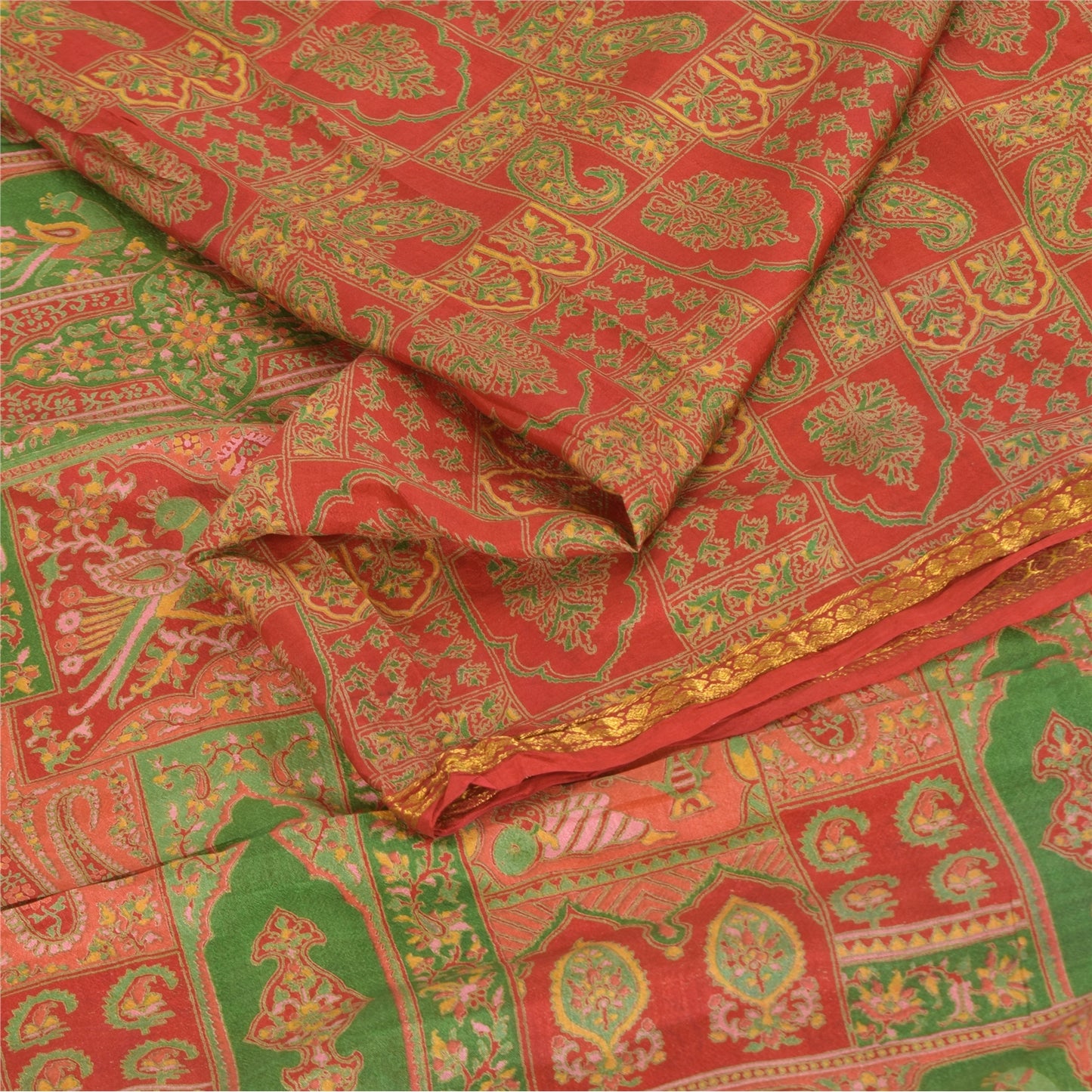 Sanskriti Vintage Sarees Red/Green 100% Pure Silk Printed Sari 6yd Craft Sustainable Fabric