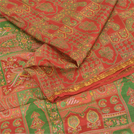 Sanskriti Vintage Sarees Red/Green 100% Pure Silk Printed Sari 6yd Craft Sustainable Fabric