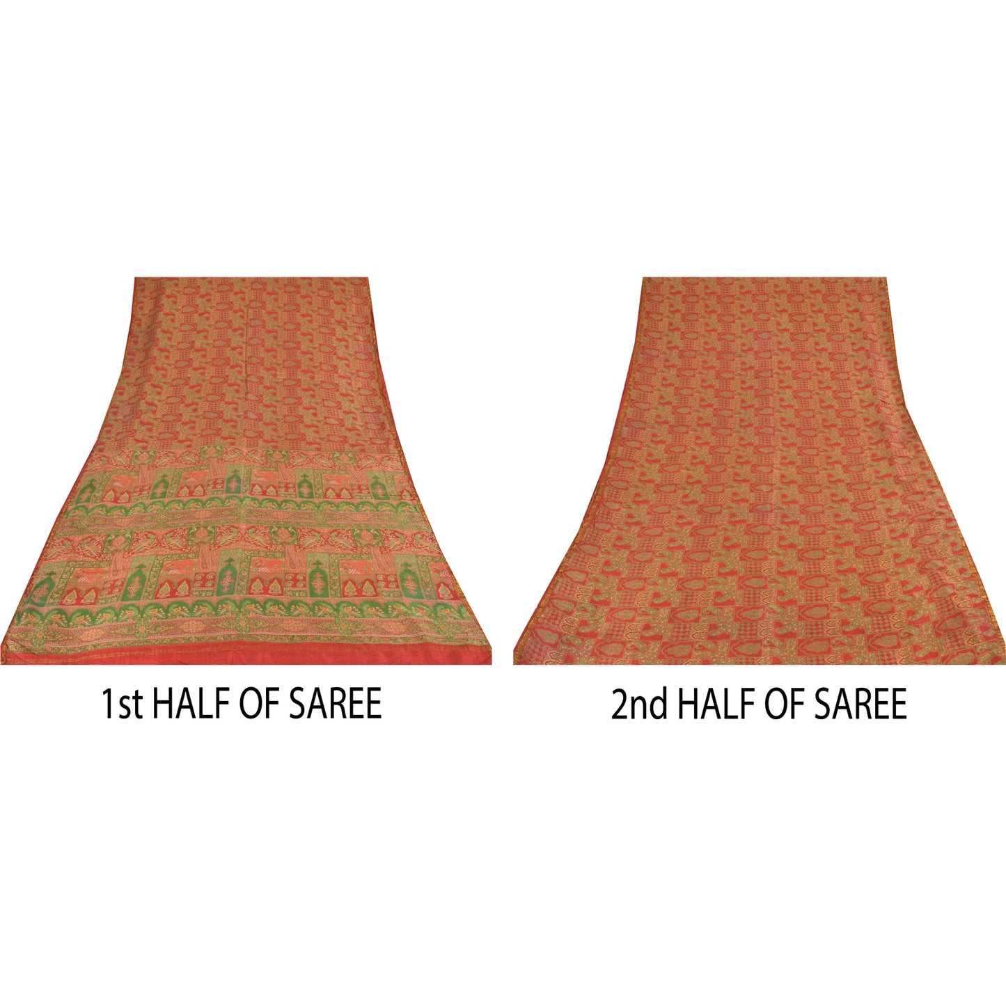 Sanskriti Vintage Sarees Red/Green 100% Pure Silk Printed Sari 6yd Craft Sustainable Fabric